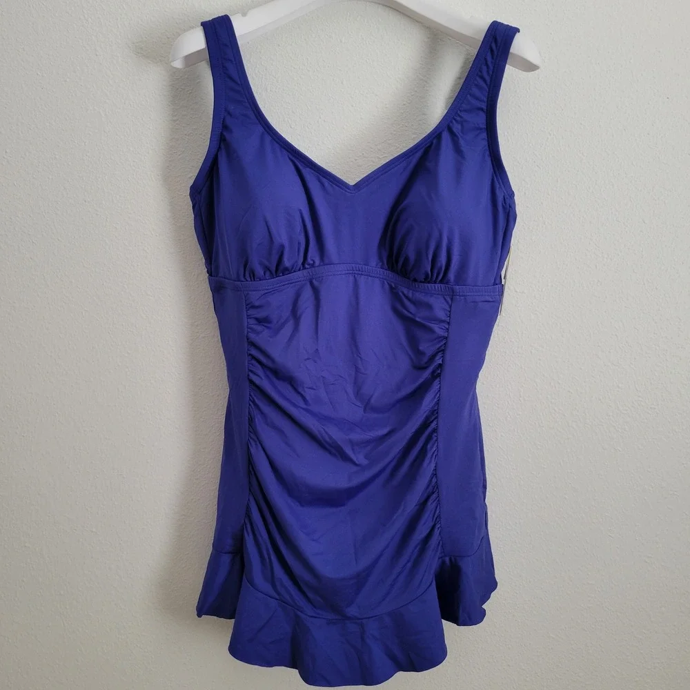 Kenneth Cole Reaction Purple Tummy Control Ruffle Swimdress One Piece 1X NWT